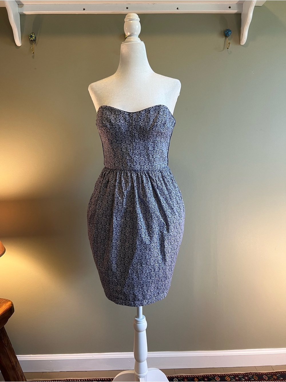 Jack Wills Strapless Navy Floral Gathered-Waist Dress